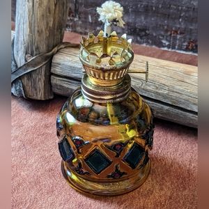 Vintage Amber Hand Painted Diamond Pattern Oil Lamp Base